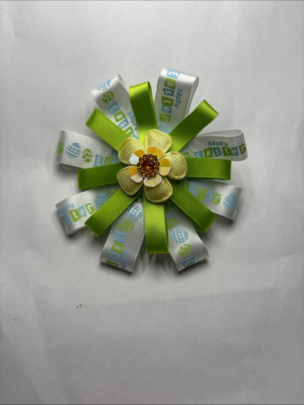 Easter Ribbon Flower Hair Bow in Lime Green and White